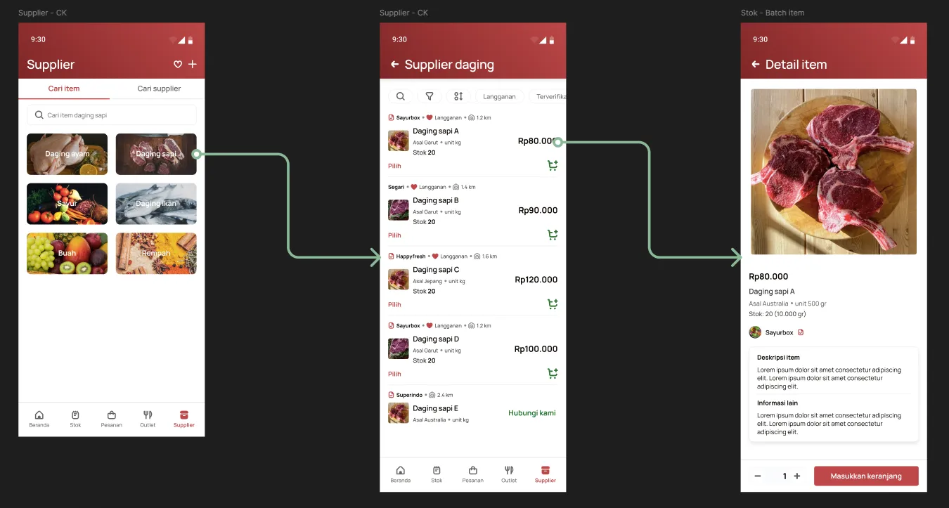 Interface of the supplier feature in the app