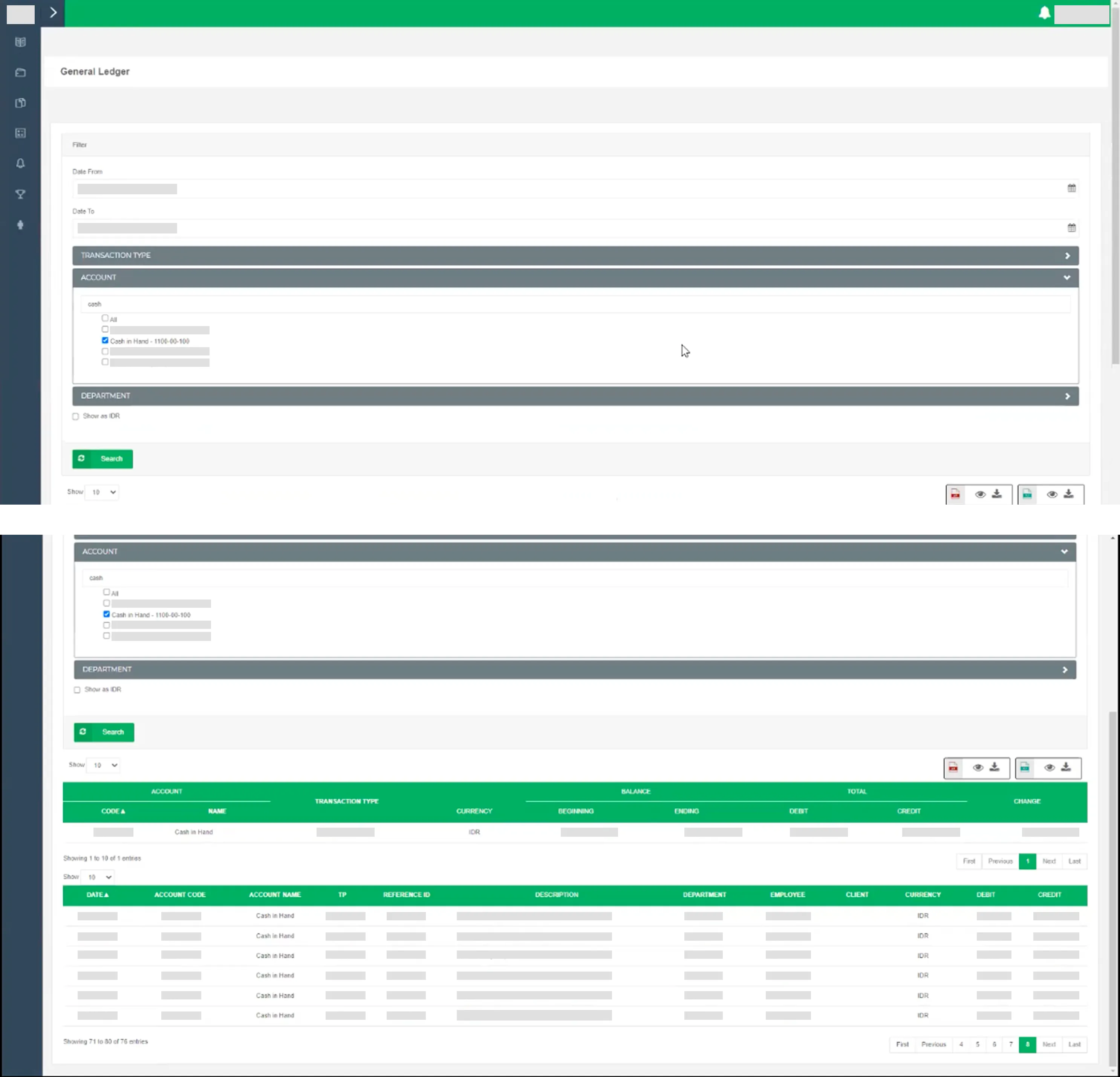 Interface of the general ledger feature before redesign