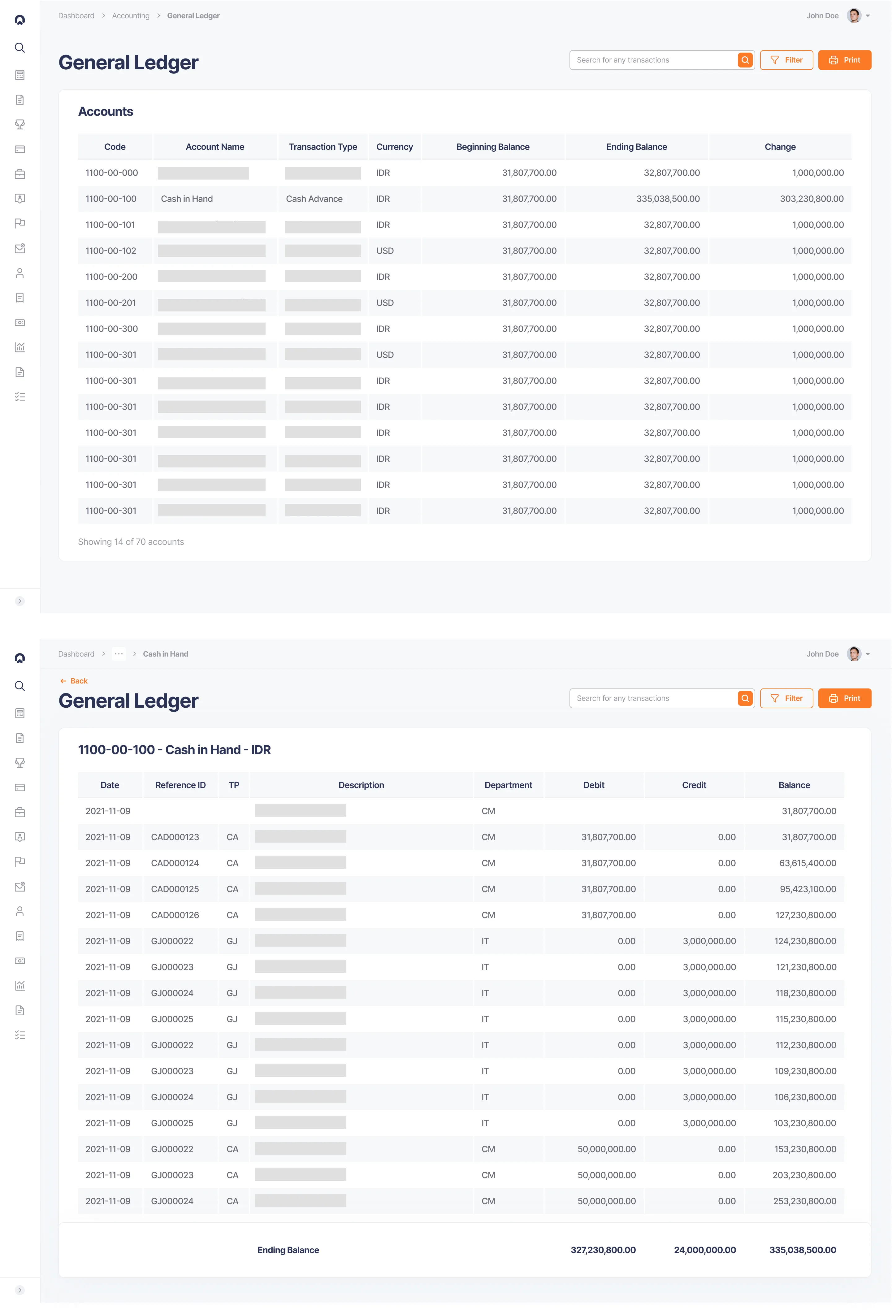 Interface of the general ledger feature after redesign